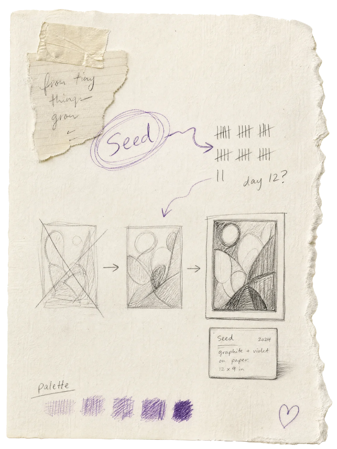 a torn notebook page in graphite and violet pencil: a taped journal scrap reading 'from tiny things grow', the word 'seed' circled in violet, tally marks counting days, three iteration thumbnails, a framed final sketch with a tiny museum placard, violet palette swatches, and a small violet heart in the corner